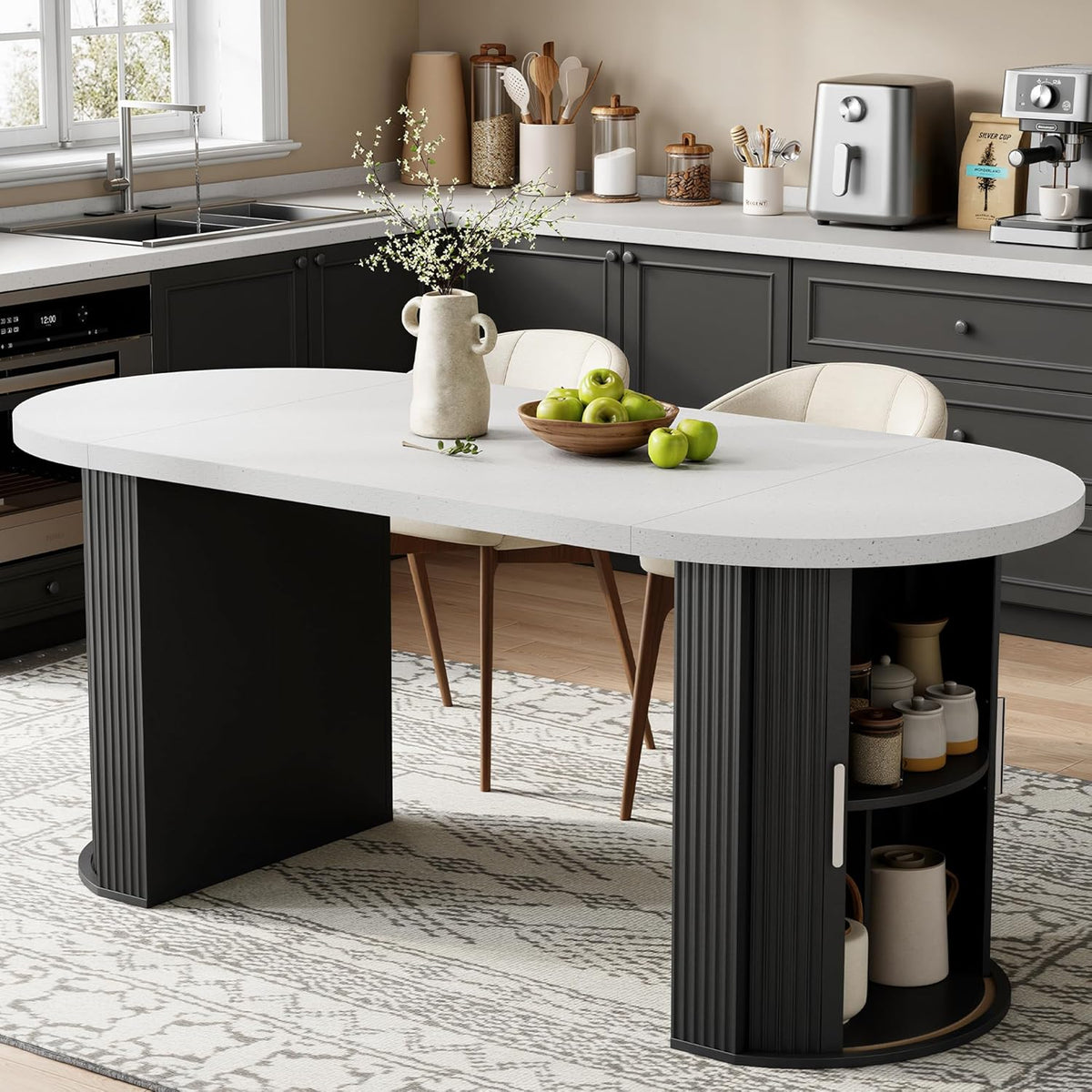 IRONCK 71" Oval Dining Table for 4-8, Modern Farmhouse Dining Table with Hidden Storage & Fluted Base, 1.6" Thick Faux Quartz Top, Dinner Table for Dining Room Kitchen Home Office, Black