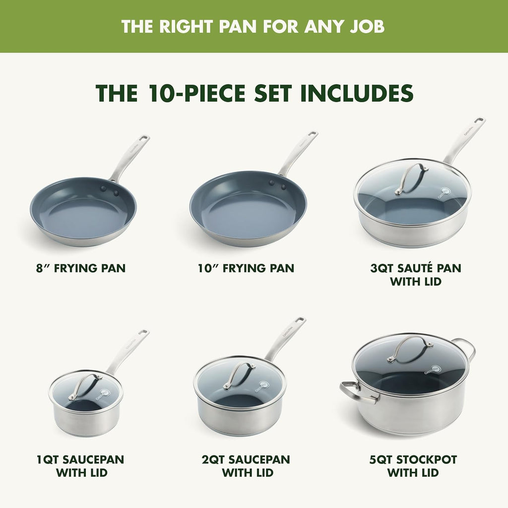 GreenPan Treviso 10 Piece Cookware Set, Non-Toxic PFAS-Free Stainless Steel Ceramic Nonstick Coating, Induction Suitable, Pots, Pans Lids, Sauté & Saucepans, Multi Clad, Dishwasher & Oven Safe