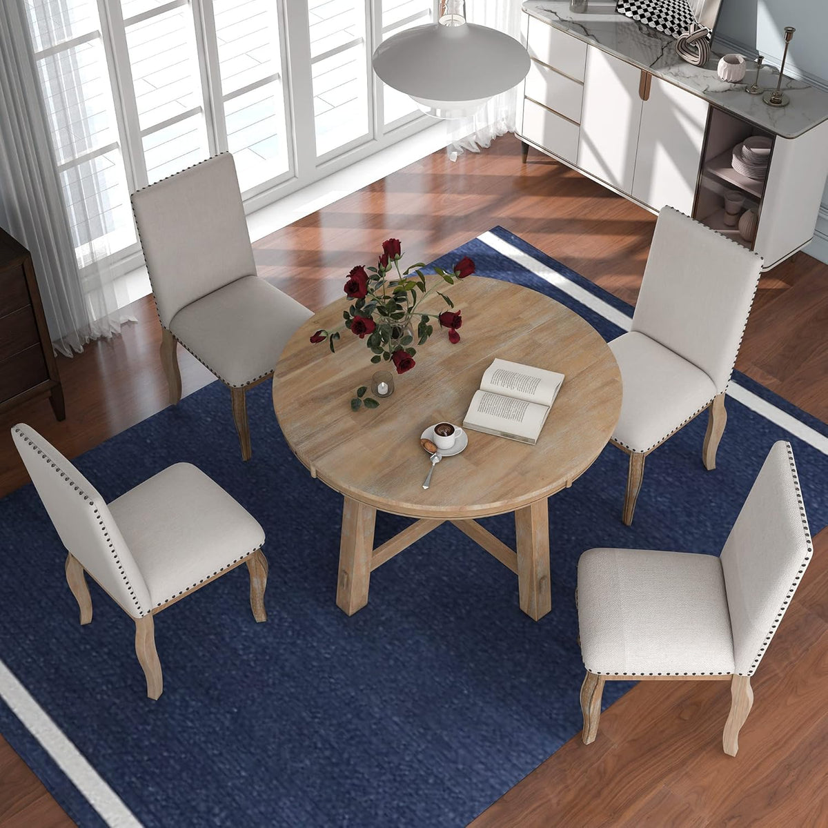 Harper & Bright Designs 5-Piece Farmhouse Extendable Round Dining Table and Upholstered Chair Set With Shelf for Family Dining Area