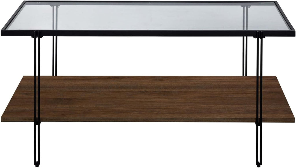 Nathan James Asher Mid-Century Rectangle Coffee Table Glass Top and Wood Finish Storage Shelf with Metal Legs, Walnut/Black