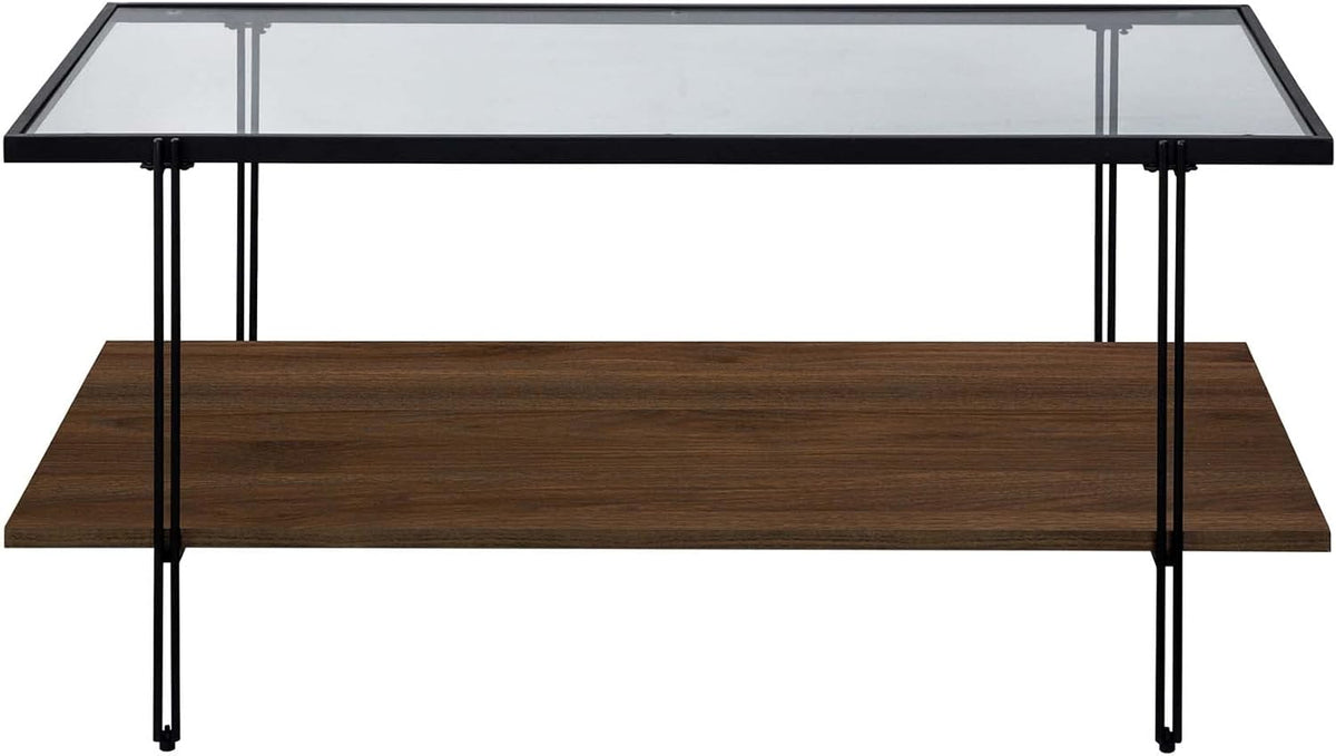 Nathan James Asher Mid-Century Rectangle Coffee Table Glass Top and Wood Finish Storage Shelf with Metal Legs, Walnut/Black