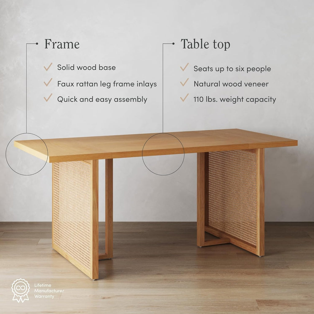 Nathan James Willow Boho Dining Table for 6 with Solid Wood Legs, 6-Person Natural Wood Dining Table, Warm Pine or Brown with Bohemian Rattan Accent