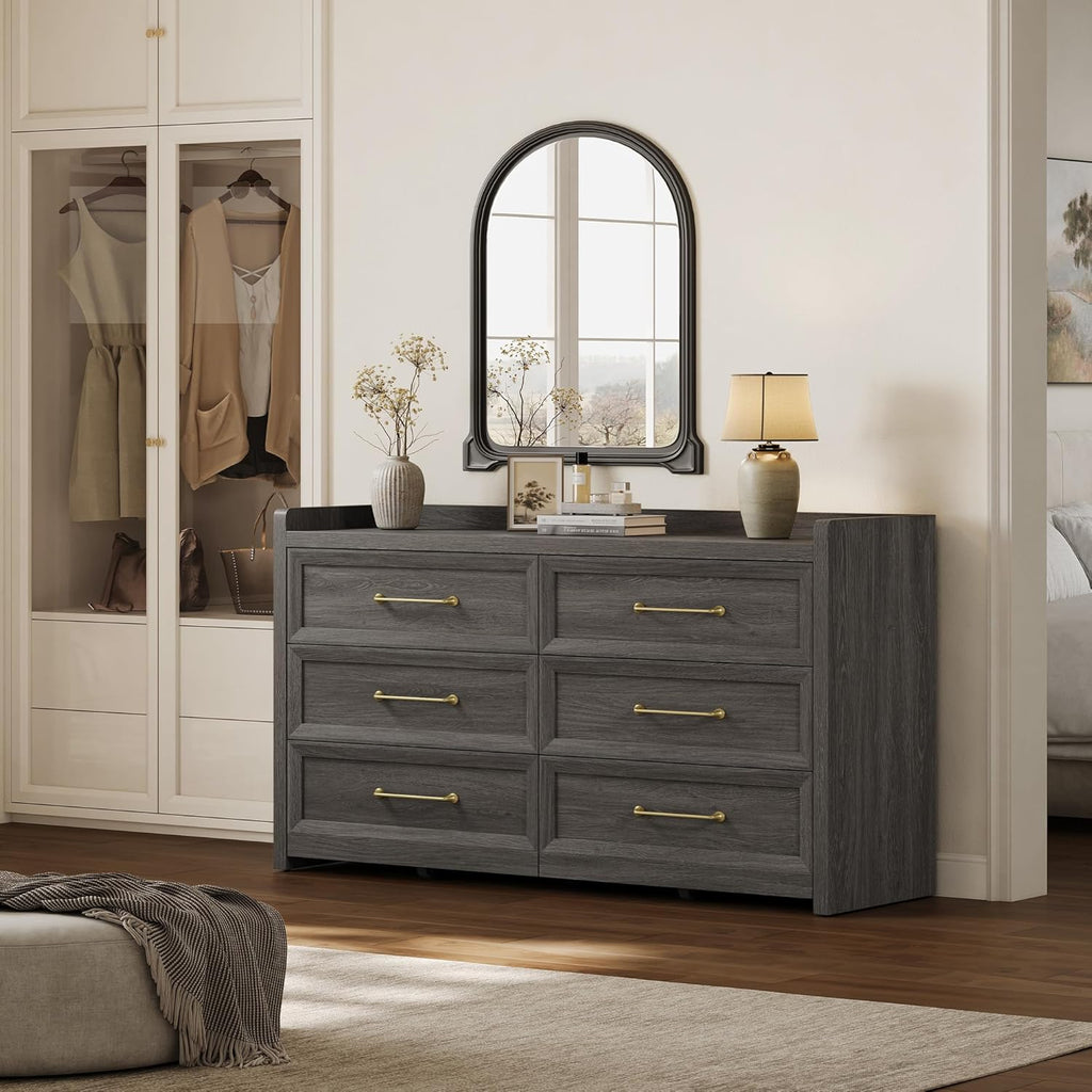 SICOTAS 6 Drawer Dresser for Bedroom-56.4" Extra-Wide Wooden Chest of Drawers with Large Storage, Long Dresser TV Stand with Drawers, Modern Closet Dressers for Nursery Living Room, Dark Grey Oak