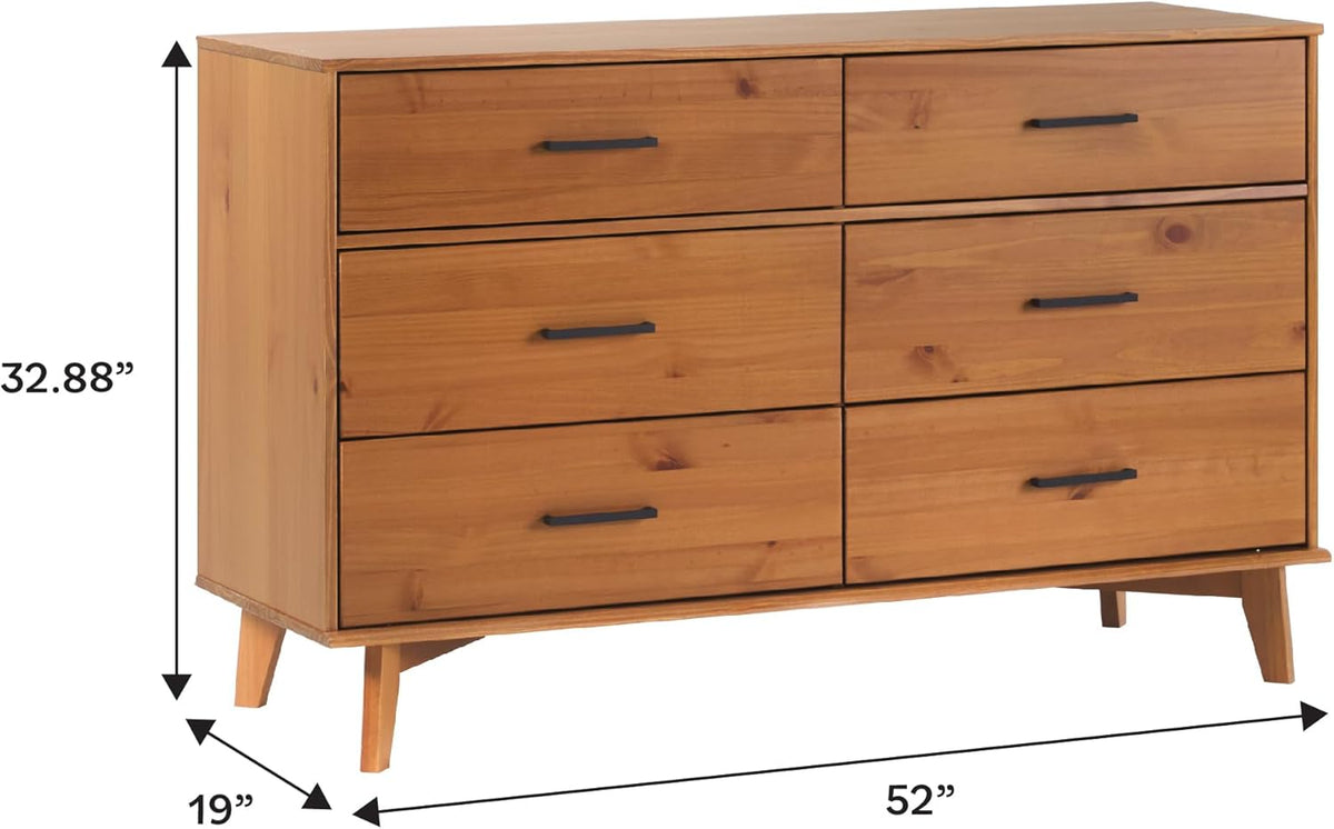 Walker Edison Sloane 6-Drawer Solid Wood Dresser with Metal Handles, 52 Inch, Caramel