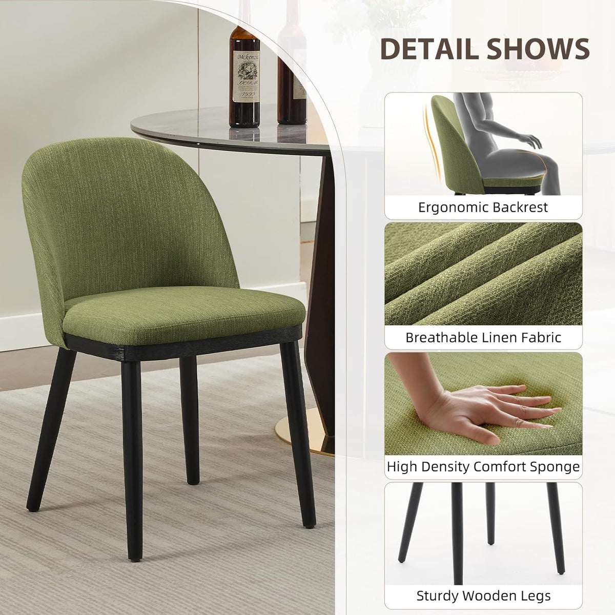 Garvee Wooden Dining Chairs Set of 6, Upholstered Kitchen Dining Room Chair, Modern Linen Fabric Farmhouse Dinner Chair with Leveling Feet/High Backrest Support for Dining Room, Living Room,Green