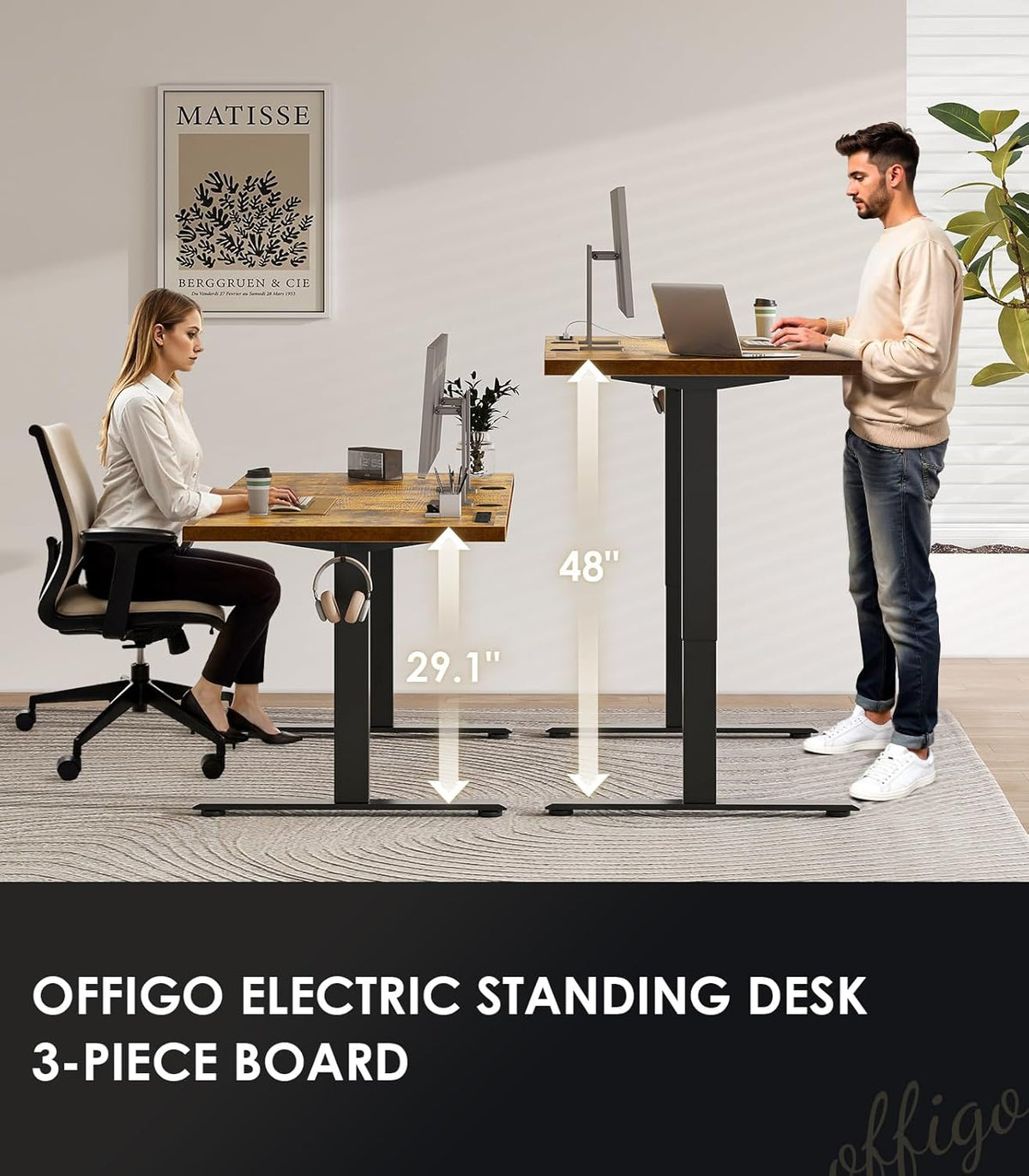 OffiGo 71 Inch Executive Electric Standing Desk, Height Adjustable Desk with Power Outlet & 1.38" Thick 3-Piece Desktop, Sit Stand Computer Desk for Home, Office, Conference Room, Rustic Brown