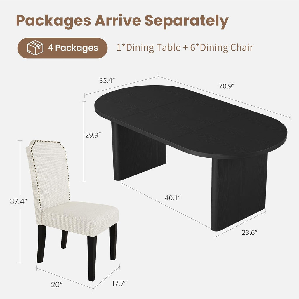 GarveeHome 7-Piece 70.8 Inch Oval Dining Table Set with Upholstered Dining Chairs, Kitchen Table with Wood Base, High Back Dining Chair with Wood Legs for Kitchen (1* Table + 6* Chairs, Black+Beige)