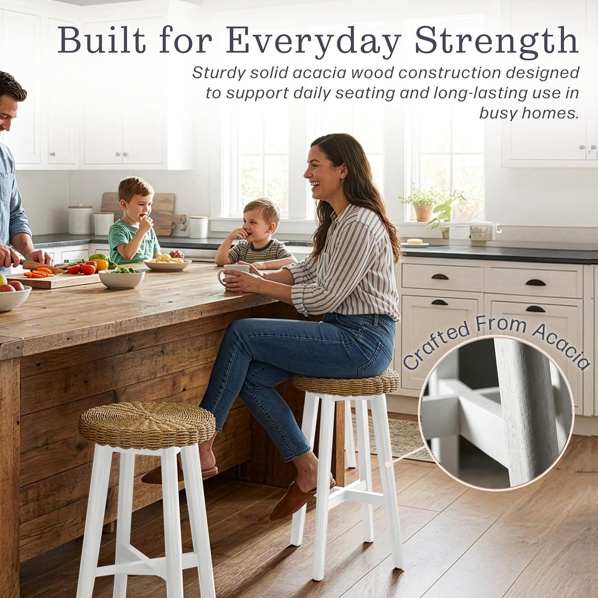 Alaterre Furniture Calais Round Bar Stool with Woven Seat Set of 4-24in Counter Height Bar Stools for Kitchen Island, Home Bar, or Dining Room - Round Backless Bar Stools (White)