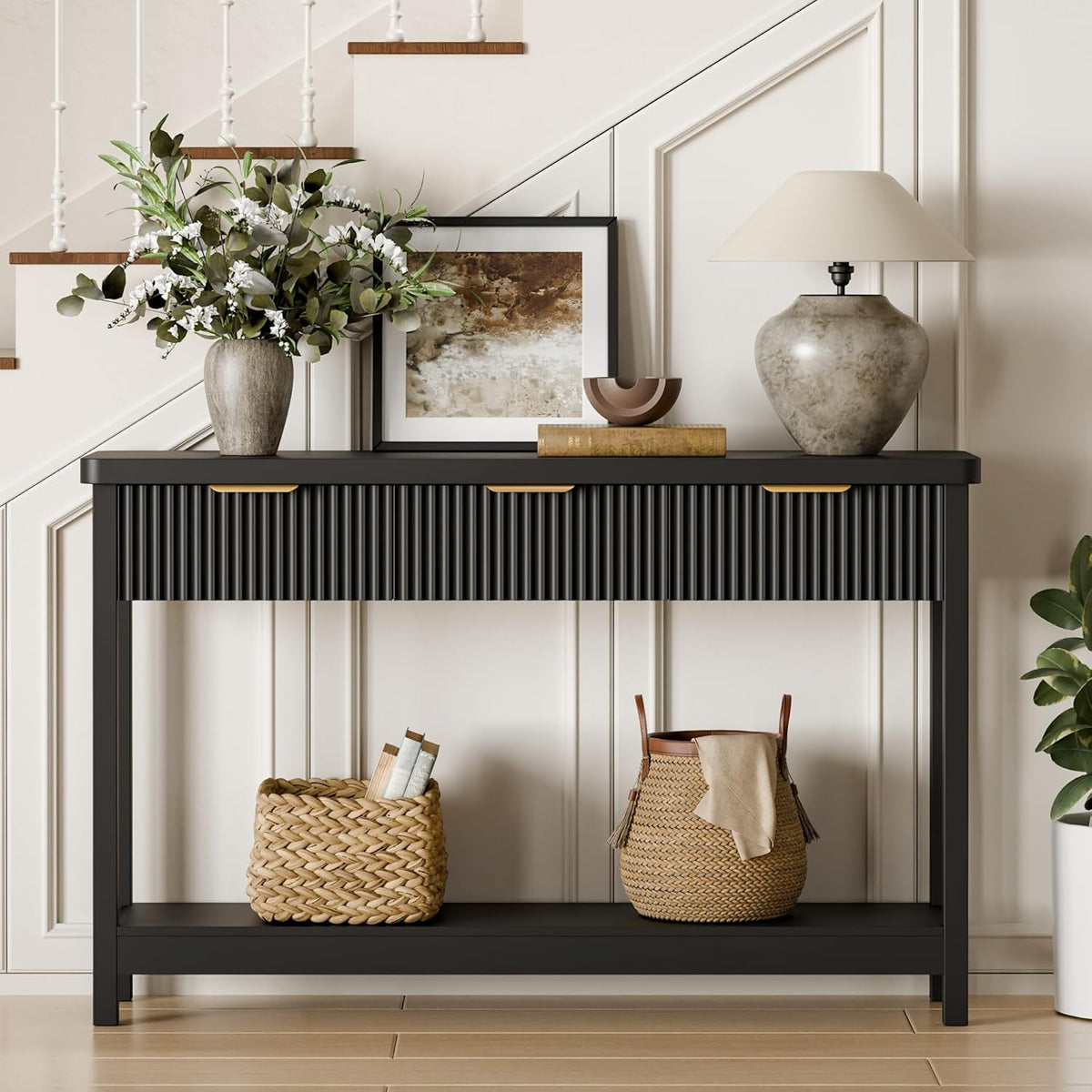 Lulive 51" Fluted Console Table for Entryway, Entryway Table with 3 Wooden Drawers, Farmhouse Behind Sofa Table for Living Room, Hallway, Couch, Foyer