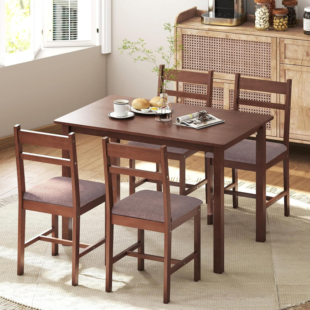 HOMCOM 5-Piece Solid Wood Dining Table Set for 4, Farmhouse Kitchen Table with Upholstered Chairs for Small Space, Dining Room, Breakfast Nook, Light Brown and Brown