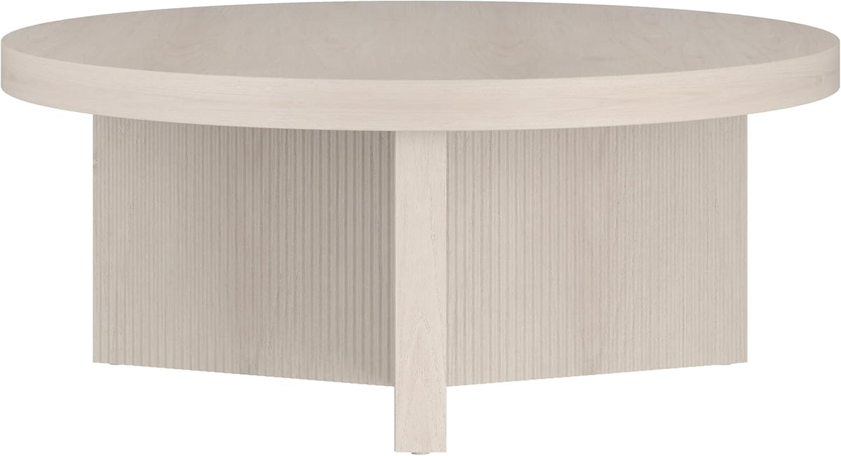 Henn&Hart 36" Fluted Round Low-Profile Coffee Table with Ribbed Pedestal Base for Living Room, Family Room, or Office, Beech White