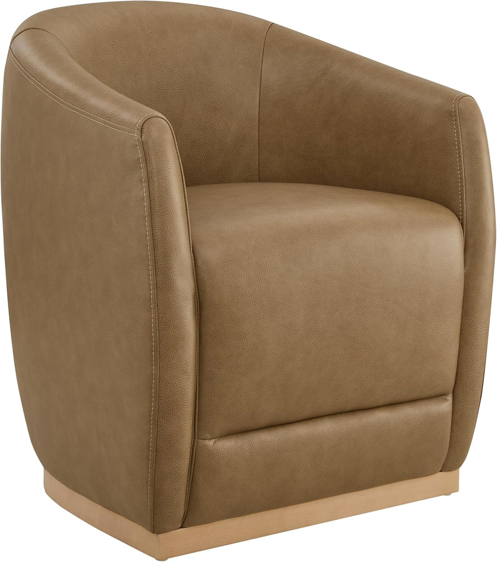 CHITA Upholstered Dining Chairs with Casters Set of 2, Genuine Leather Barrel Chair with Backrest & Dual Armrest, Rolling Chairs for Dining Room, Bedroom, Kitchen, Reading Room, Living Room (Mocha)