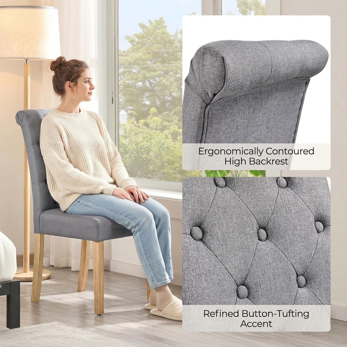 Yaheetech Dining Chairs Set of 4 Fabric Upholstered Button Tufted Kitchen Chairs with Solid Wood Legs for Home, Restaurant, Dining Room, Dark Gray