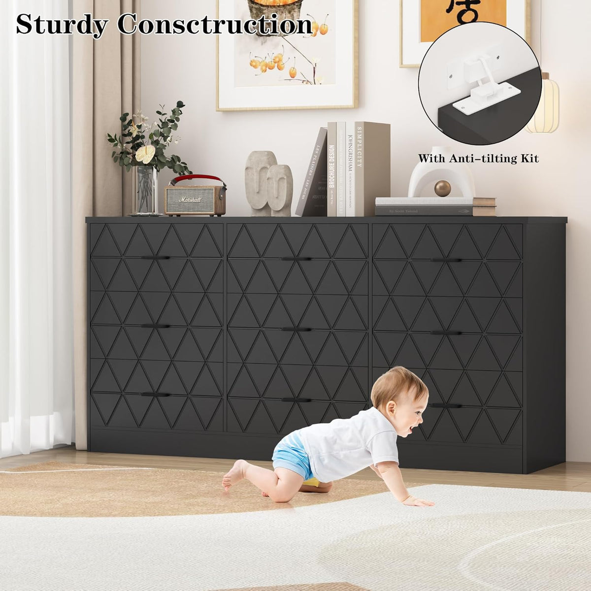 GAOMON 63'' Large Dresser for Bedroom with Power Outlet, 9 Drawers Dresser for Bedroom, Modern Chest of Drawers for Closet, Storage Organizer for Living Room, Hallway, Black