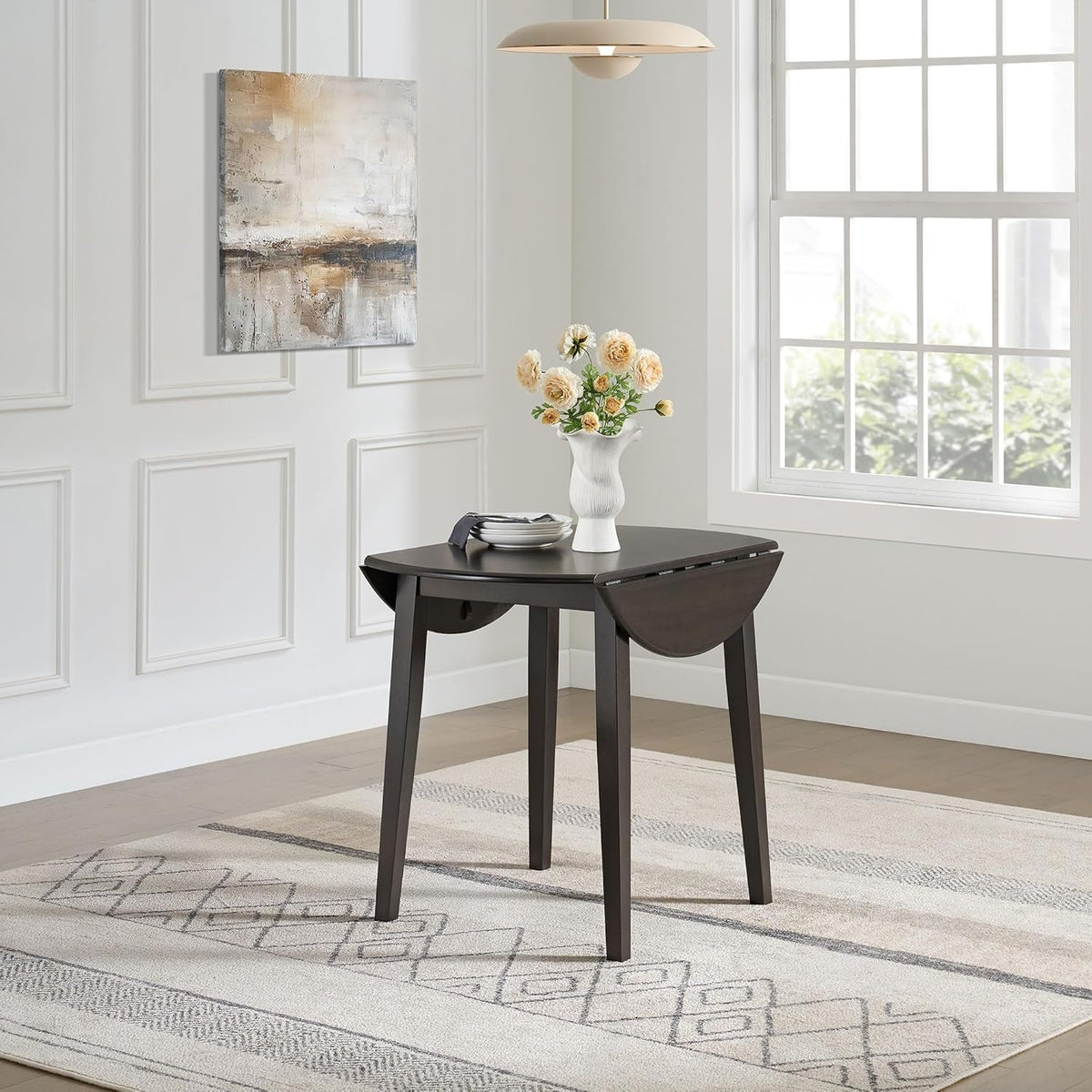 ROME + OAK Hinged Drop Leaf Dining Table, 22-36 Inch Round Tabletop with Sturdy Base, Dark Brown - Modern Solid Wooden Furniture Piece for Home