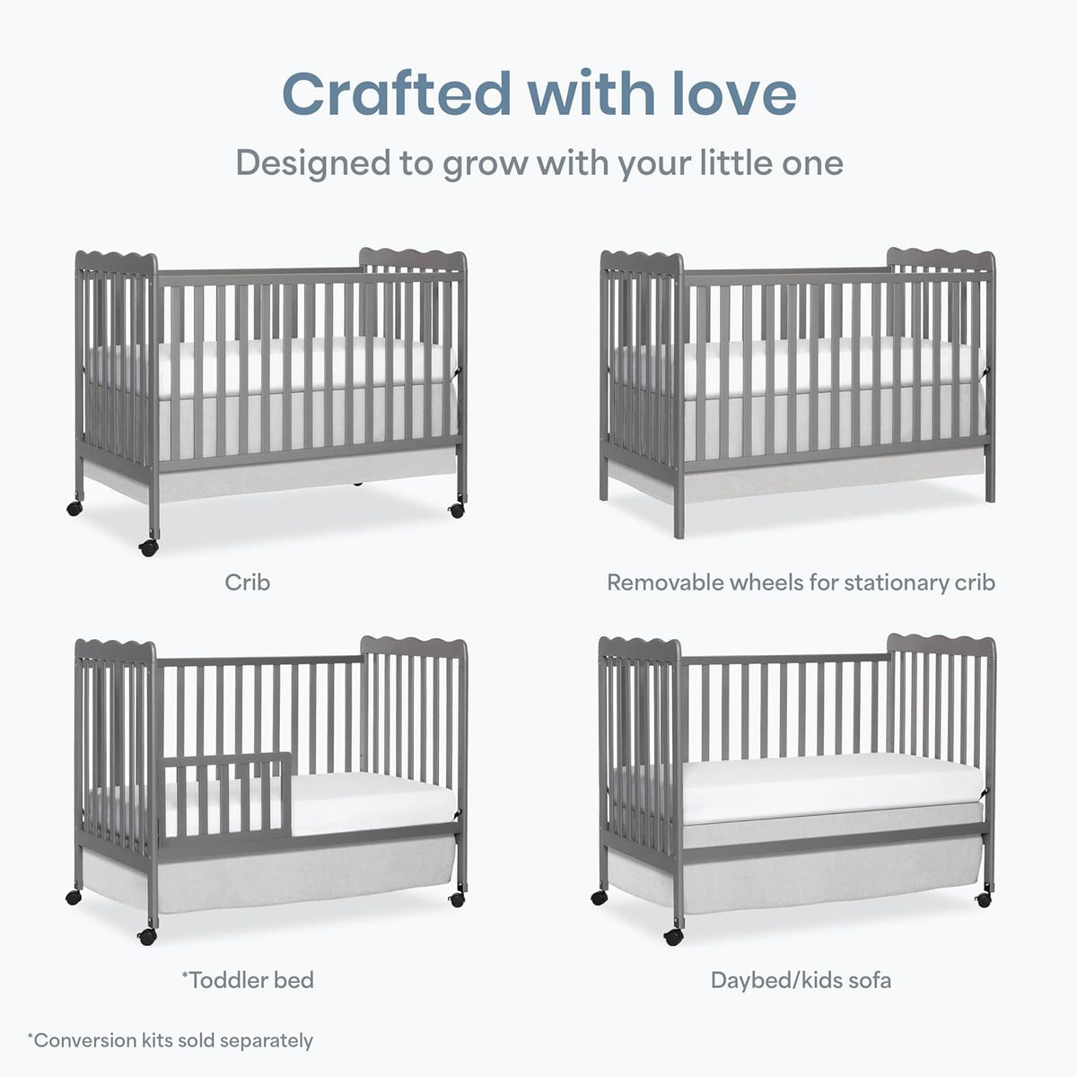 Dream On Me Carson Classic 3-in-1 Convertible Full-Size Baby Crib in Steel Grey, GreenGuard Gold & BSA, 4 Mattress Heights, Converts to Day & Toddler Bed, Locking Wheels, Classic Nursery Design