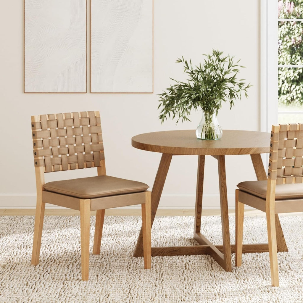 Nathan James Cohen Wood Dining Chair, Mid-Century Modern Upholstered Side Chair with Hand Woven Faux Leather Backrest, Natural Brown, Set of 2
