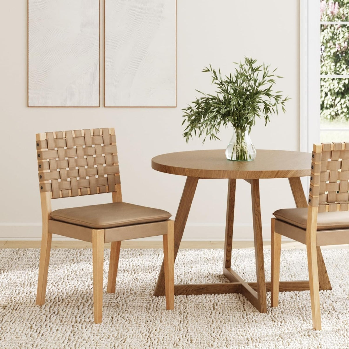 Nathan James Cohen Wood Dining Chair, Mid-Century Modern Upholstered Side Chair with Hand Woven Faux Leather Backrest, Natural Brown, Set of 2
