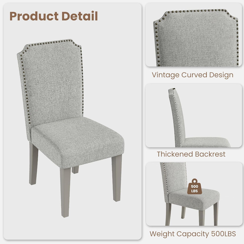 GarveeHome Upholstered Dining Chair Set, Solid Wood Chairs with Solid Wood Legs, Padded High Back Dining Chair with Nailhead Trim, Fabric Side Chair for Dining Room Kitchen Restaurant (Grey, 2PCS)