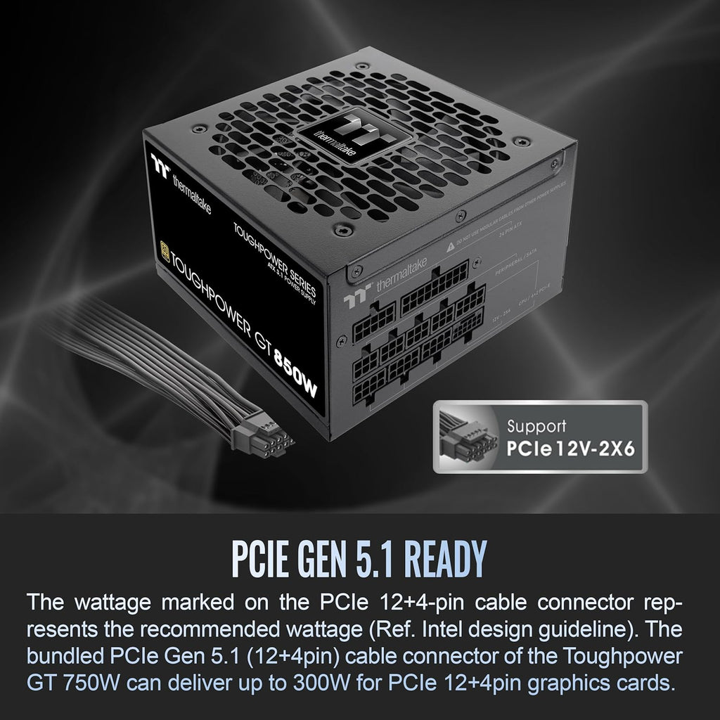 Thermaltake Toughpower GT 850W ATX 3.1 Standard Power Supply; 80 Plus Gold Efficiency; Smart Zero Fan; Native 450W PCIe 5.1 Connector; PS-TPT-0850FNFAGU-3; 5 Year Warranty