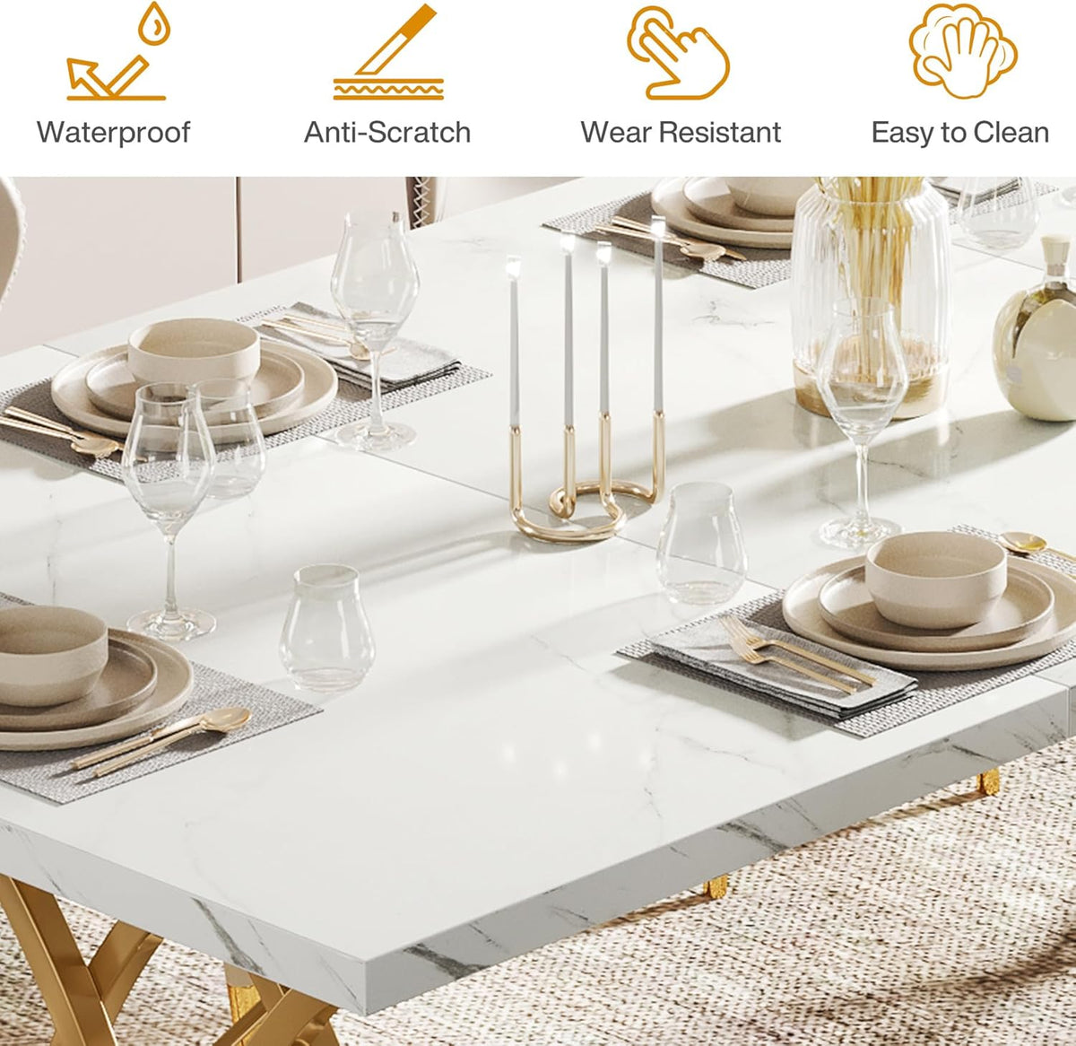 LITTLE TREE Modern Dining Table for 4-6 People, 63" Large Rectangular Kitchen Table with Faux Marble Tabletop and Geometric Legs, Unique Dinner Table Kitchen & Dining Room Furniture