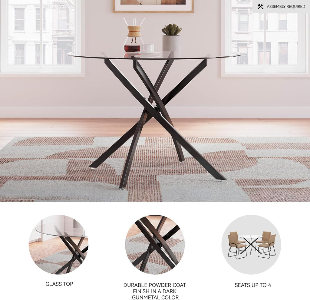Signature Design by Ashley Pharwynn Modern Glass Tabletop Dining Table with Cross-Shaped Base, Black