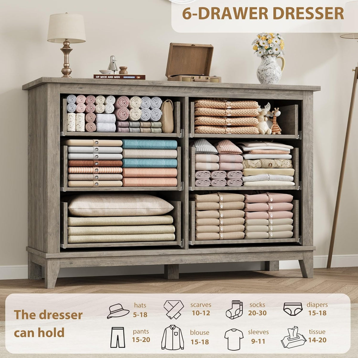 GarveeHome 6 Dresser for Bedroom, 47 in Wide Drawer Dresser with Storage Freestanding, Wooden Closet Storage Chest for Living Room, Bedroom, Entryway, Ash Grey
