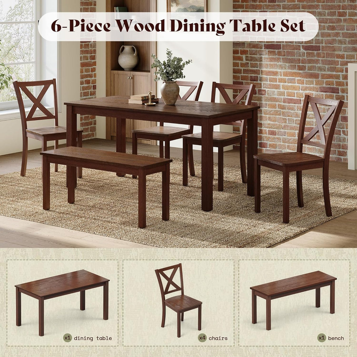 AMERLIFE 6-Piece Farmhouse Dining Table Set, 59" Wooden Table with 4 Chairs & Bench, Dining & Kitchen Room Set for 6, Space-Saving Rustic Dining Set, Walnut