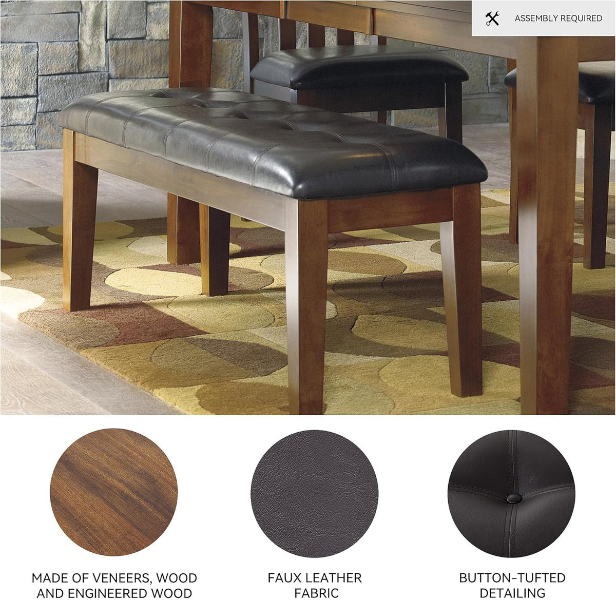 Signature Design by Ashley Ralene Tufted Upholstered Dining Room Bench, Medium Brown