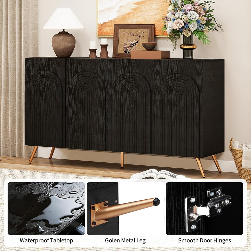 59" Black Arched Sideboard Buffet Cabinet with Adjustable Shelves, Modern Storage Cabinet with Arched 3D Carved Wood Doors, Credenza Accent Cabinet for Living Room, Dining Room, Entryway