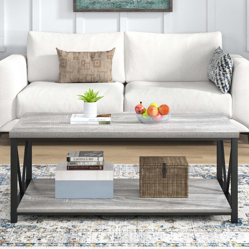 FOLUBAN Modern Coffee Table, Rustic Wood and Metal Center Table with Storage Shelf, Industrial Cocktail Table for Living Room, Light Grey, 39 Inch