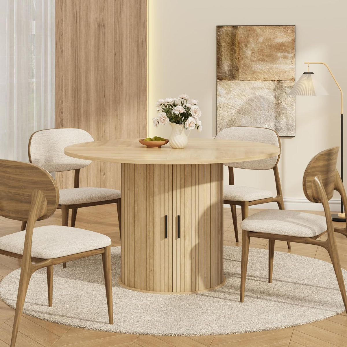 IDEALHOUSE 47 Inch Round Dining Table for 4, Farmhouse Kitchen Table with 2-Layer Storage Shelf and Wood Slide Door, Modern Dinner Table Space Saving, Dining Room, Living Room, Natural Oak