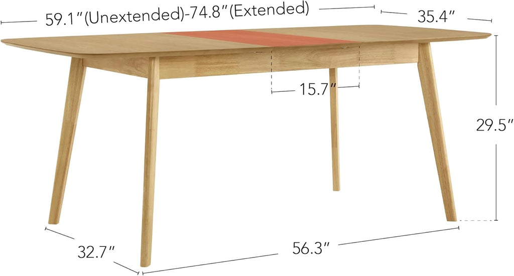 CHITA 59"-75" Extendable Dining Room Table for 4-6, Modern Wood Dining Table for Small Spaces, Kitchen, Space Saving Hidden Leaves, Solid Rubberwood Frame, Oak Veneer