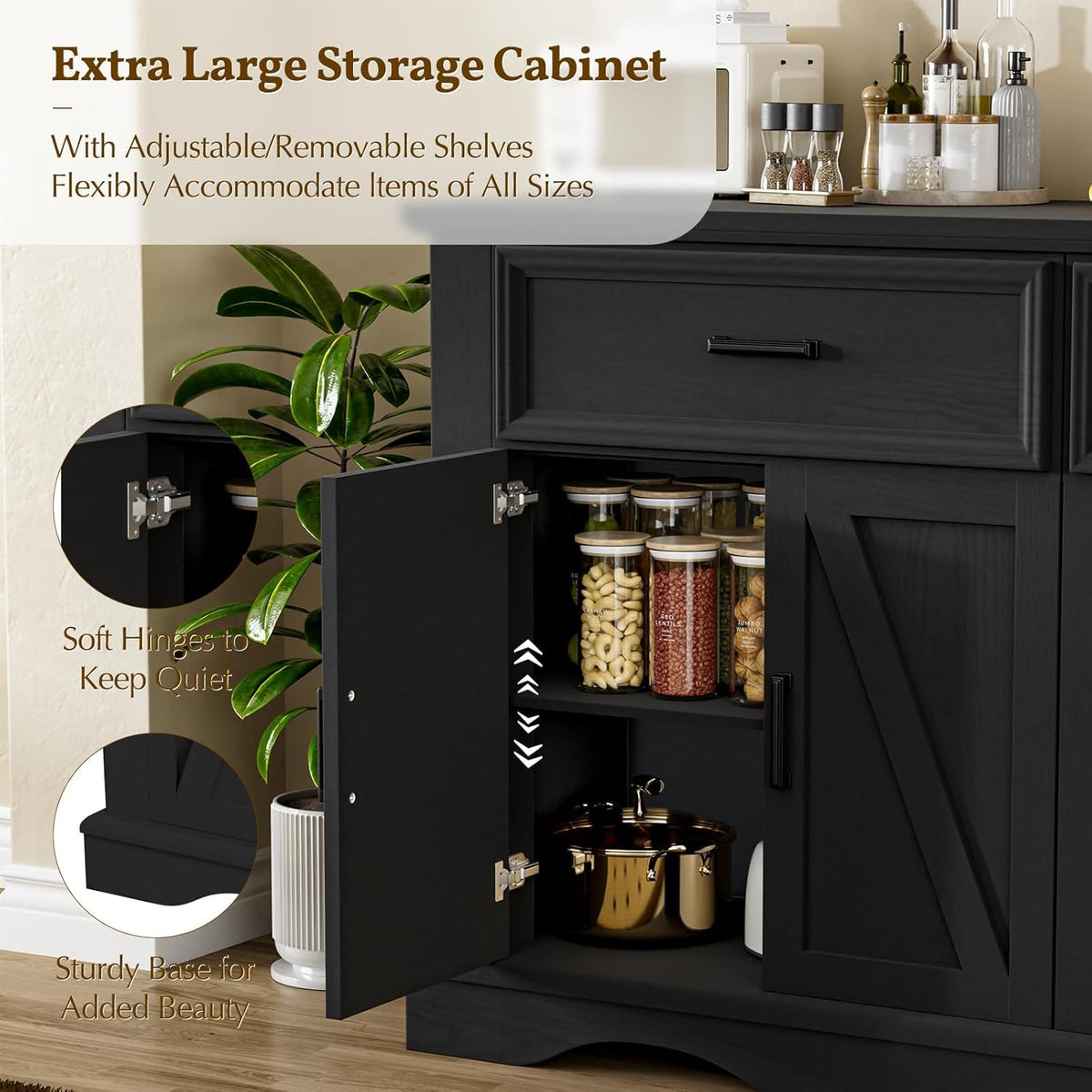 56" Large Wooden Buffet Cabinet with Storage, Modern Coffee Bar and Wine Bar, Wave Base Design, Multi-Purpose Buffet Table with Charging Station for Dining Room, Kitchen or Living Room, Black