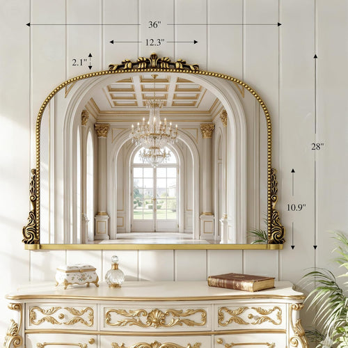 26x38 inch Vintage Arched Gold Ornate Baroque Mirror - Wall Vanity Mirror with Beautiful Retro Top and Bottom Engraving Process Frame for Bathroom, Living Room, Fireplace, Entryway, HD Tempered Glass
