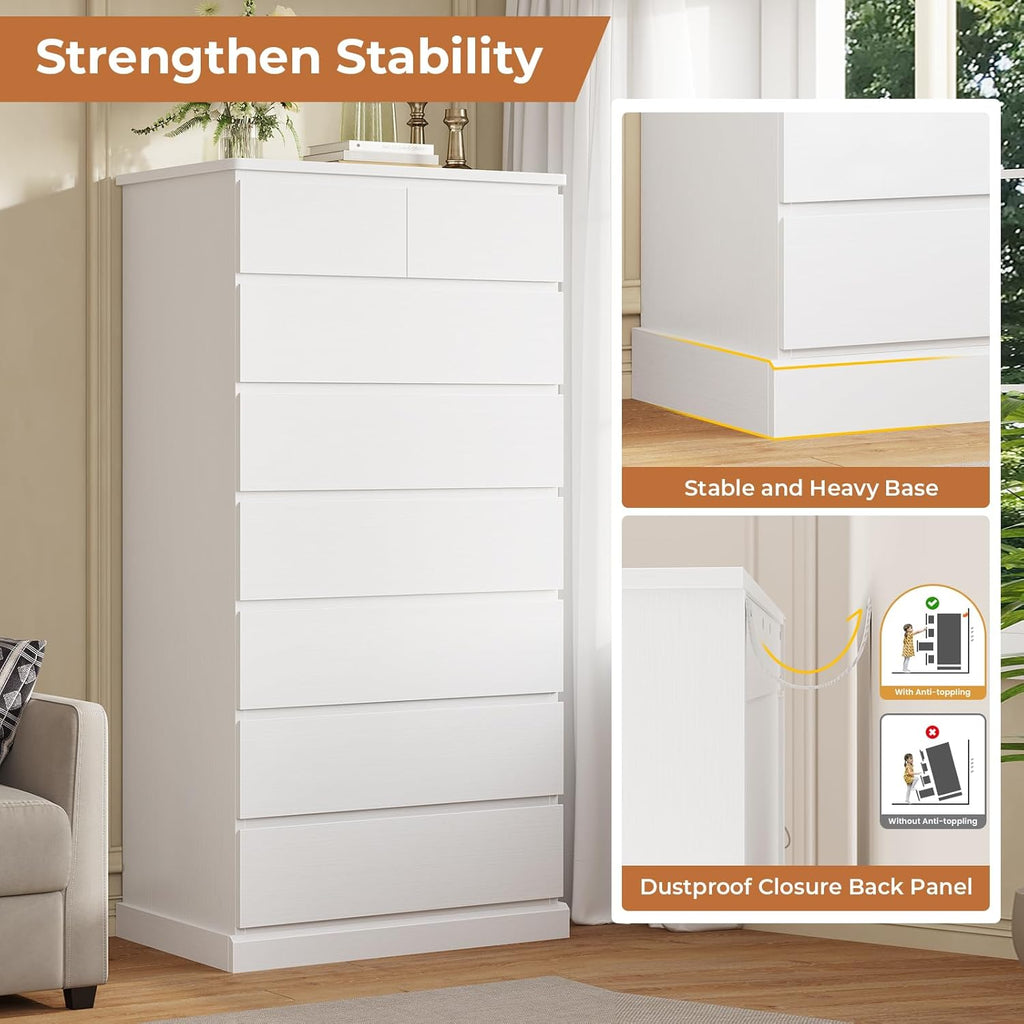 DICTAC White Tall Dresser for Bedroom with 8 Drawers, 59.6" Tall Dressers & Chests of Drawers, Modern Wood Closet Organizer and Storage Cabinet, Large Vertical Dresser for Bedroom, Closet, Hallway