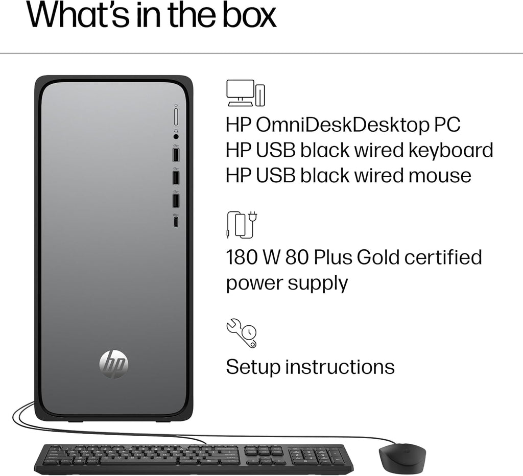 HP OmniDesk Desktop PC, Intel Core i3-14100, 8 GB RAM, 512 GB SSD, Intel UHD Graphics 730, Windows 11 Home, Microsoft Copilot, Meteor Silver, M02-0010 (2025)
