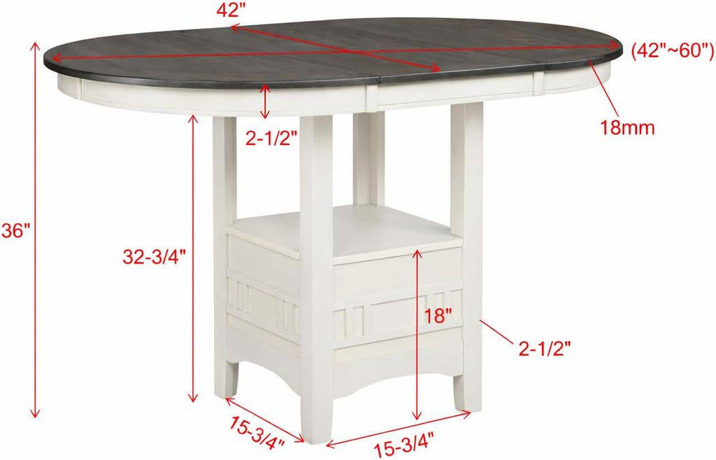 CARTESIAN 5 Piece Counter Height Dining Set, Oval Extendable Table with Storage Shelf, 4 Upholstered Chairs, Weathered White and Gray, Grid-Back Design