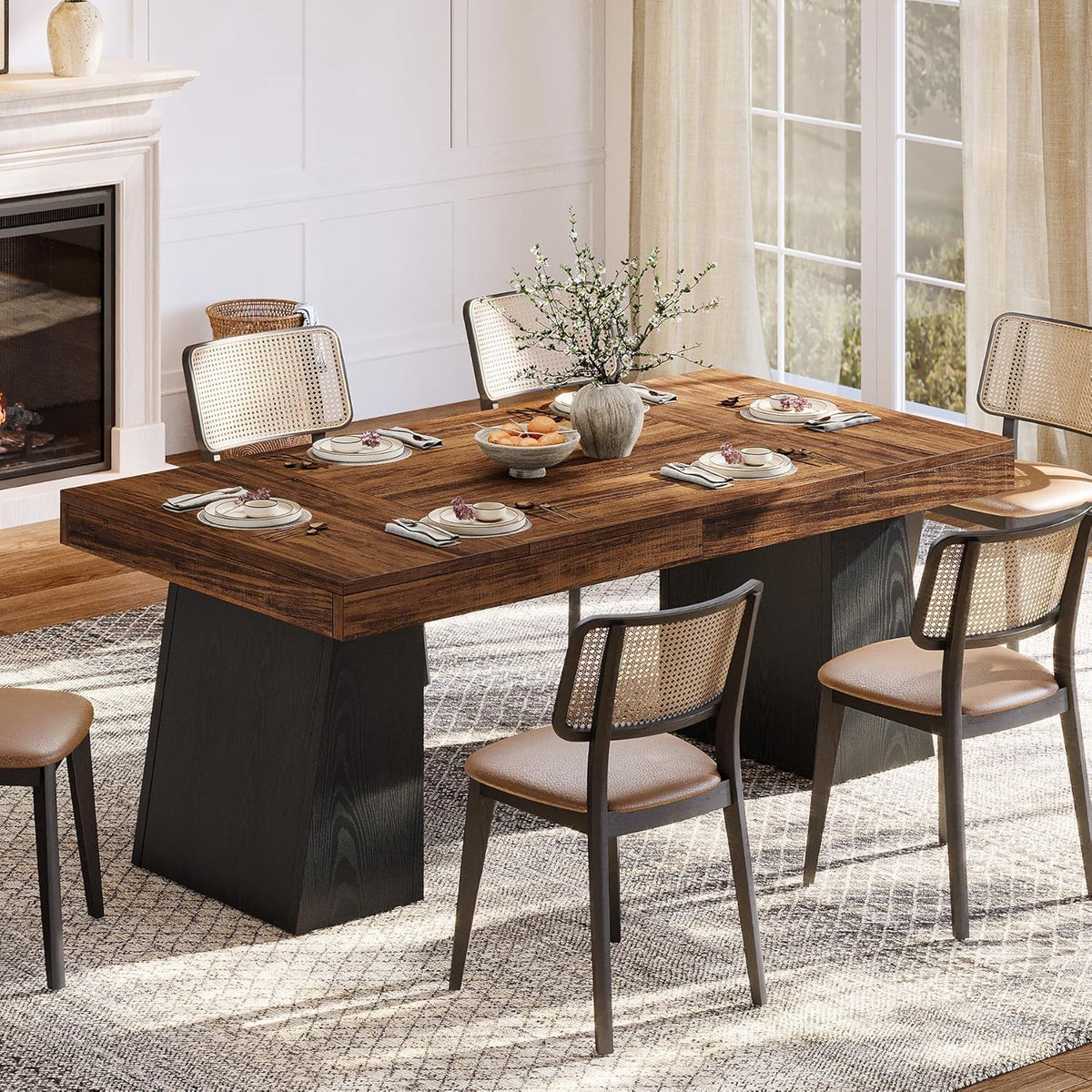 Tribesigns Two Tone Dining Table for 4-6 People, Rectangular Farmhouse Kitchen Dinner Table with Double Pedestal, Wood Dining Room Furniture for Home, Dining Room, Small Space, Brown & Black