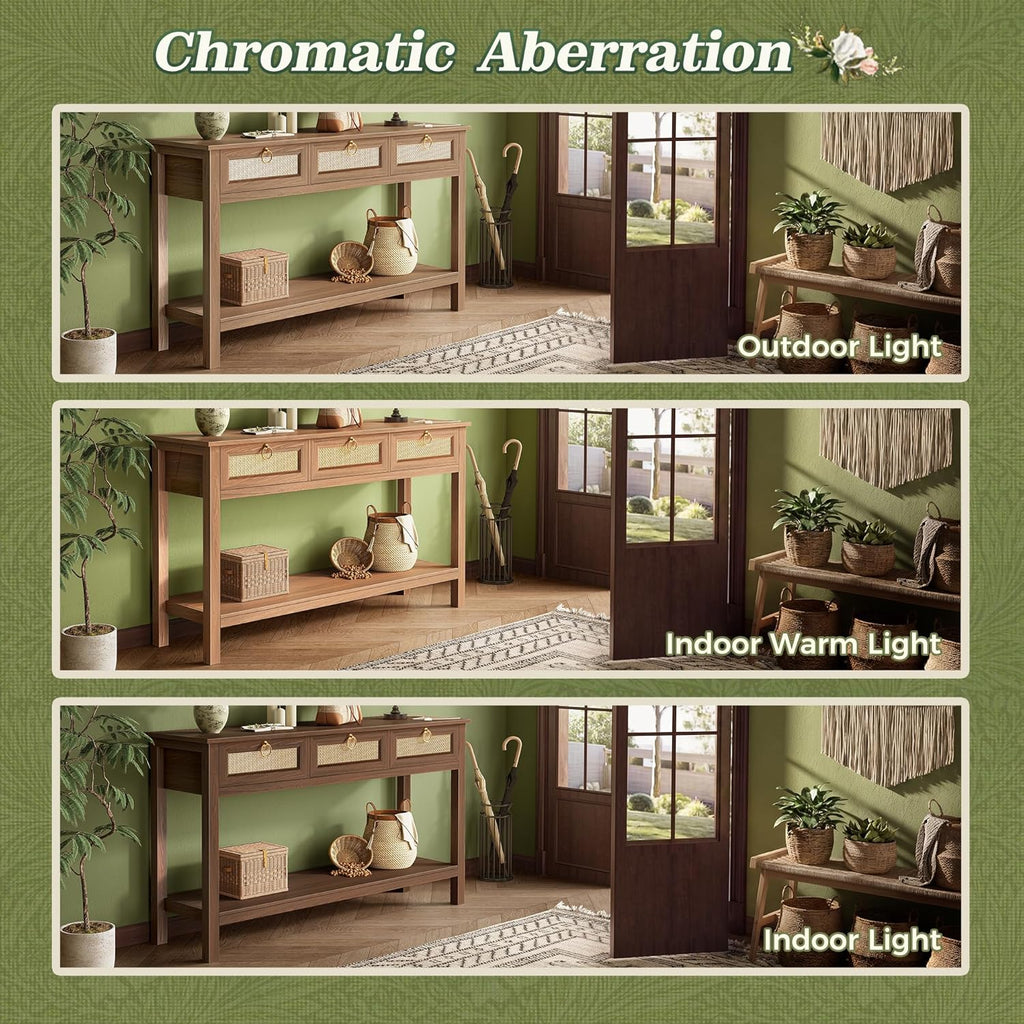 SUPERJARE Rattan Console Sofa Table with Outlets and USB-C Port, 3 Drawer Entryway Table with Synthetic Rattan Surface, Open Shelf, Behind Couch Entry Foyer Hallway Storage, Brown