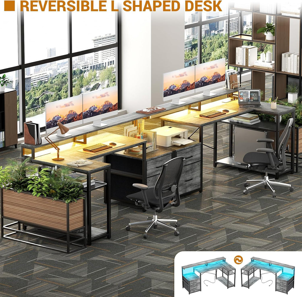 Aheaplus L Shaped Desk with File Drawer, Reversible L Shaped Computer Desk Gaming Desk with Power Outlet & LED Strip, Home Office Desk with Monitor Shelf, Corner Desk with Storage Shelves, White Oak