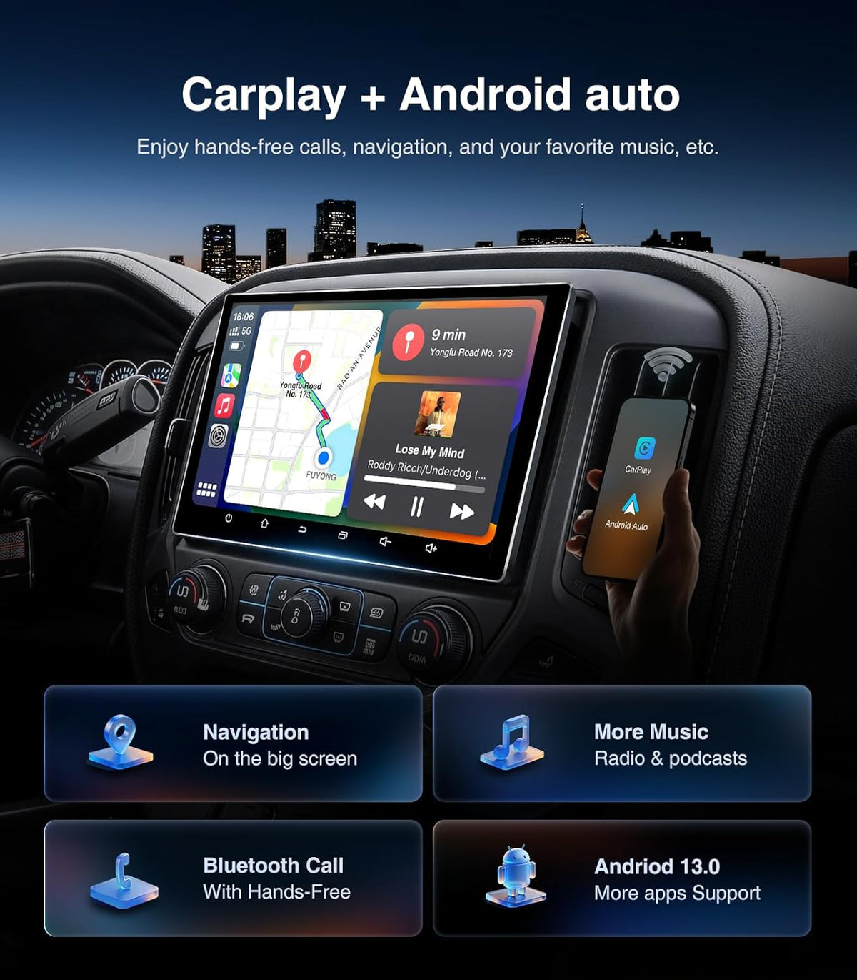 11“ Car Radio Stereo for Chevy Silverado 2014-2018 GMC Upgrade 5G WiFi 4+64G Wireless Carplay/Android Auto/GPS/Bluetooth/FM Radio/1080P SWC