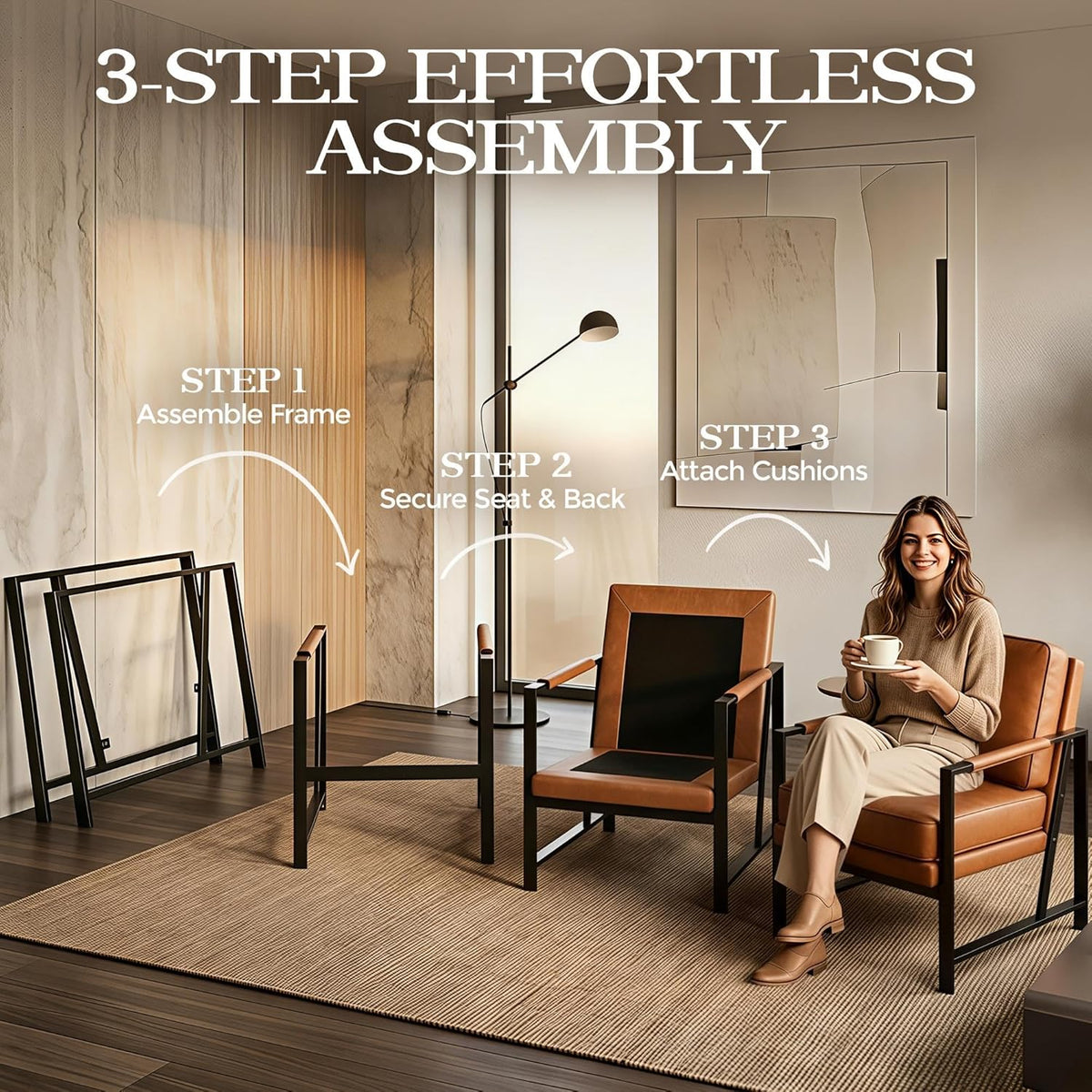 Yaheetech Set of 2 Accent Chairs for Living Room, Oversized Faux Leather Chair, Mid Century Modern Reading Chair for Bedroom Waiting Room, Light Brown