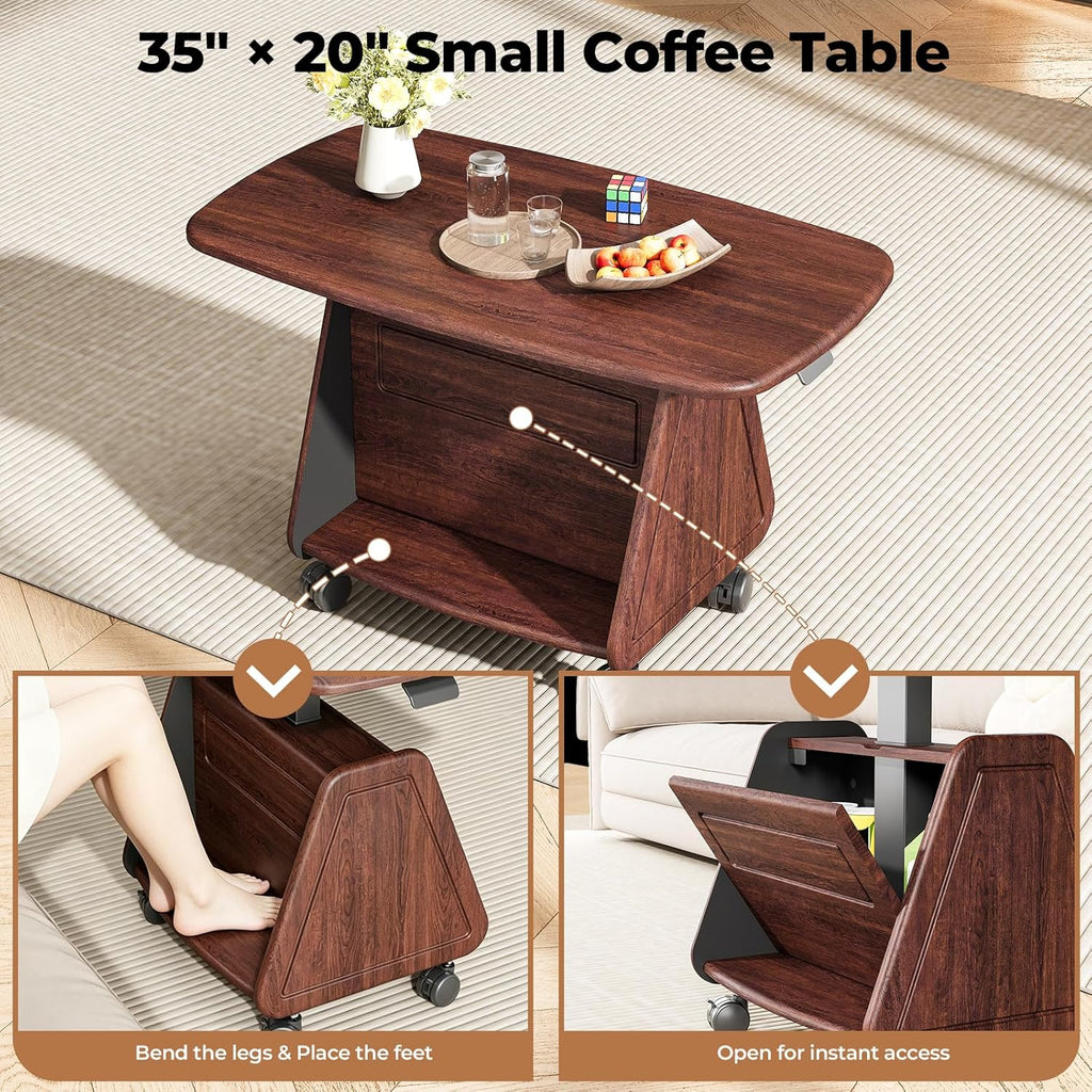 Lift Top Coffee Table with Wheels, 35" × 20" Wooden Dining Center Table with Storage, Hidden Compartment & Pegboard, Small Mid Century Modern Table for Living Room, Dark Wood