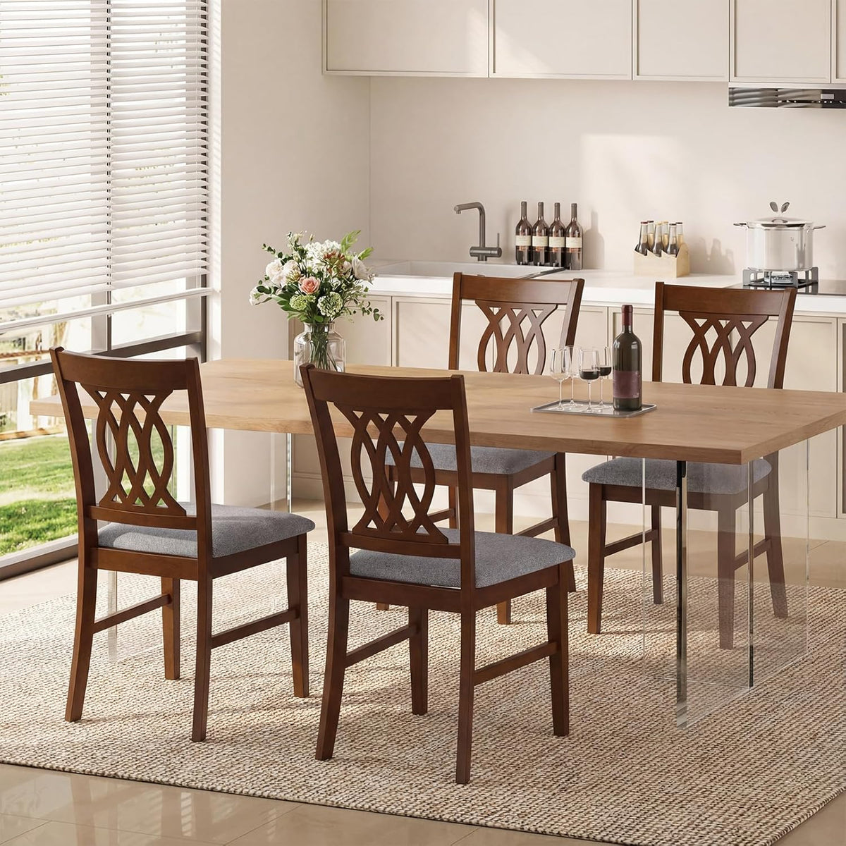 Giantex Upholstered Dining Chairs Set of 4, Farmhouse Fabric Side Chairs w/Cushioned Seats, Patterned Backrests, Sturdy Rubber Wood Frames, Wooden Accent Chairs for Kitchen, Dining Room