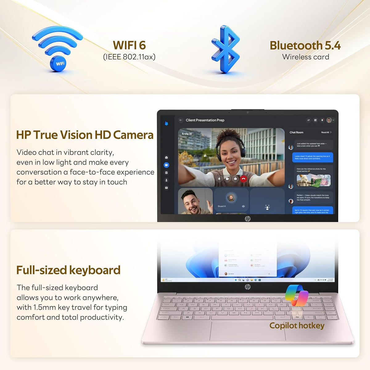 HP Flagship 14" HD Student&Business Laptop with AI Copilot, 13th Gen Intel 4-Core, 4GB RAM, 256GB Storage (128GB UFS + 128GB Docking Station), 1 Year Office 365, 720p Webcam, Win 11, Tranquil Pink