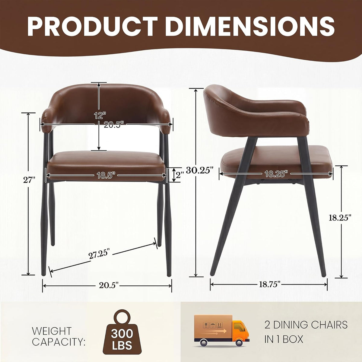 HNY Modern Dining Room Arm Chairs Set of 6, Retro Faux Leather Upholstered Barrel Dining Chairs with Arms Mid-Century Brown Accent Chair with Metal Legs, Open-Back Kitchen Side Chair for Living Room