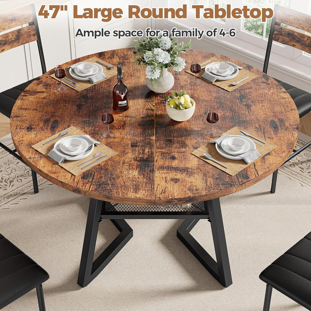 IRONCK Round Dining Table Set for 4, 47.2'' Kitchen Table with 4 PU Leather Upholstered Chairs, Dining Room Table Set with Large Storage Shelf, 5 Piece Kitchen Table and Chairs, Rustic Brown