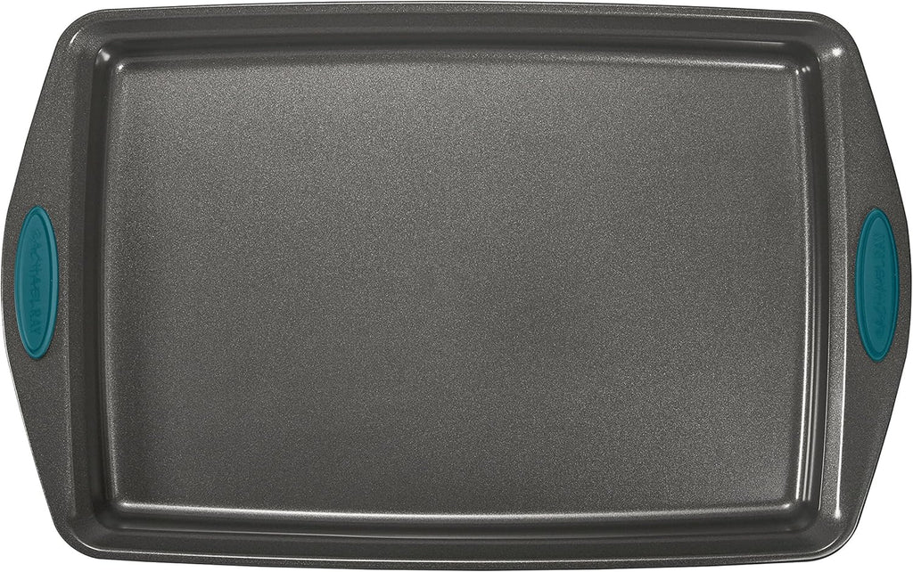 Rachael Ray Nonstick Bakeware Set with Grips includes Nonstick Bread / Baking Pans, Cookie / Baking Sheet and Cake Pans - 10 Piece, Gray with marine blue grips