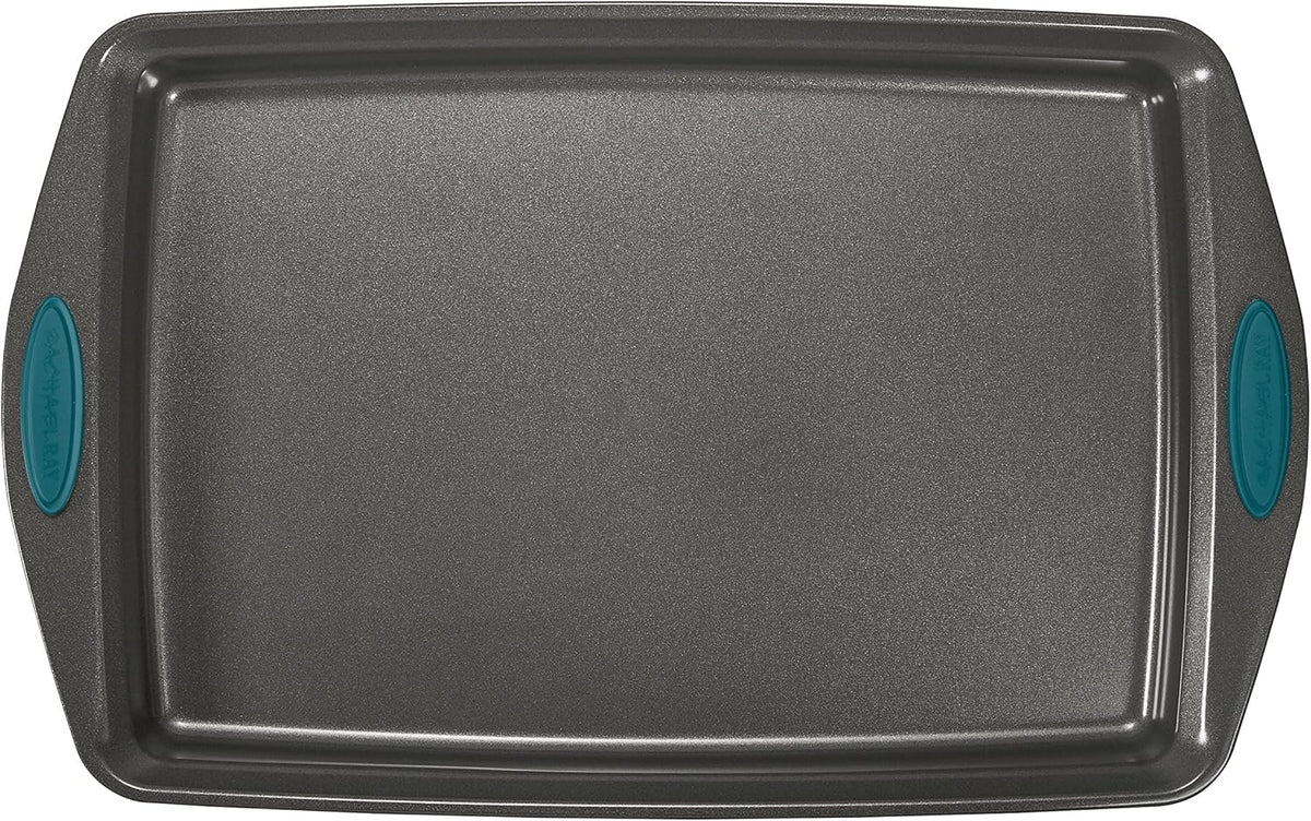 Rachael Ray Nonstick Bakeware Set with Grips includes Nonstick Bread / Baking Pans, Cookie / Baking Sheet and Cake Pans - 10 Piece, Gray with marine blue grips